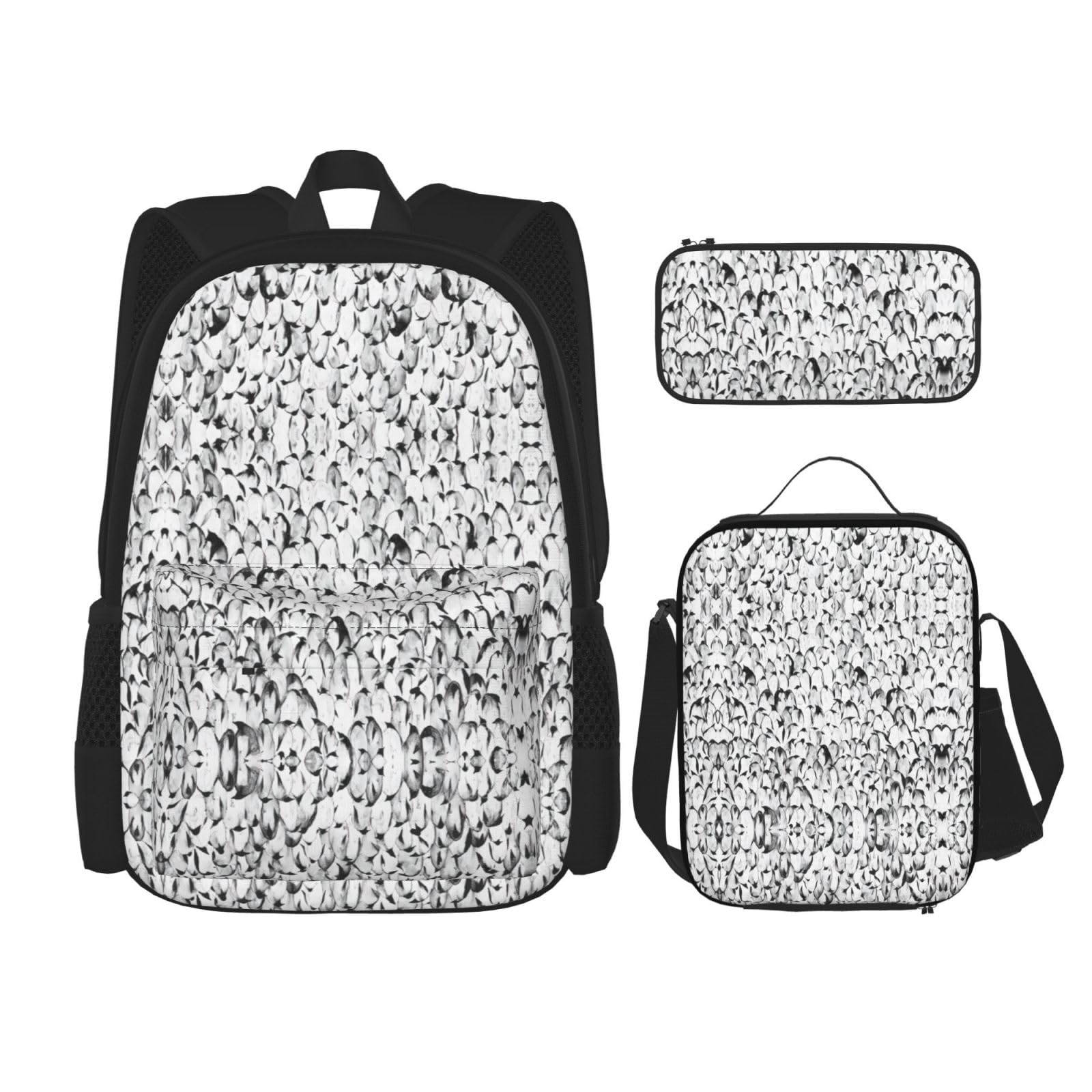 WURTON Stilvolle Pinguin-Masse mit Muster, Lunchbox, Federmäppchen, Rucksack-Set, 3-teilig, verstellbare Riemen, langlebig, leicht, Schwarz, One Size