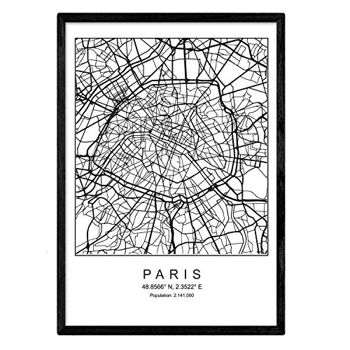 Nacnische Kunstdruckkarte der Stadt Paris Nordic-Stil in Schwarzweiss. Poster A3 Größe mit schwarzem Rahmen gedruckt Papier 250 gr. Bilder, Bettwäsche und Poster für Salon und Schlafzimmer