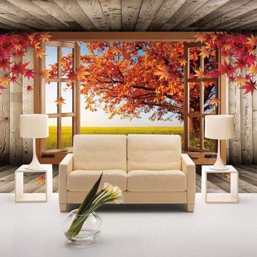 Ahorn Fensteransicht 3D Tapete Poster Restaurant Schlafzimmer Wohnzimmer Sofa TV Dekorative Wand-300cm×210cm