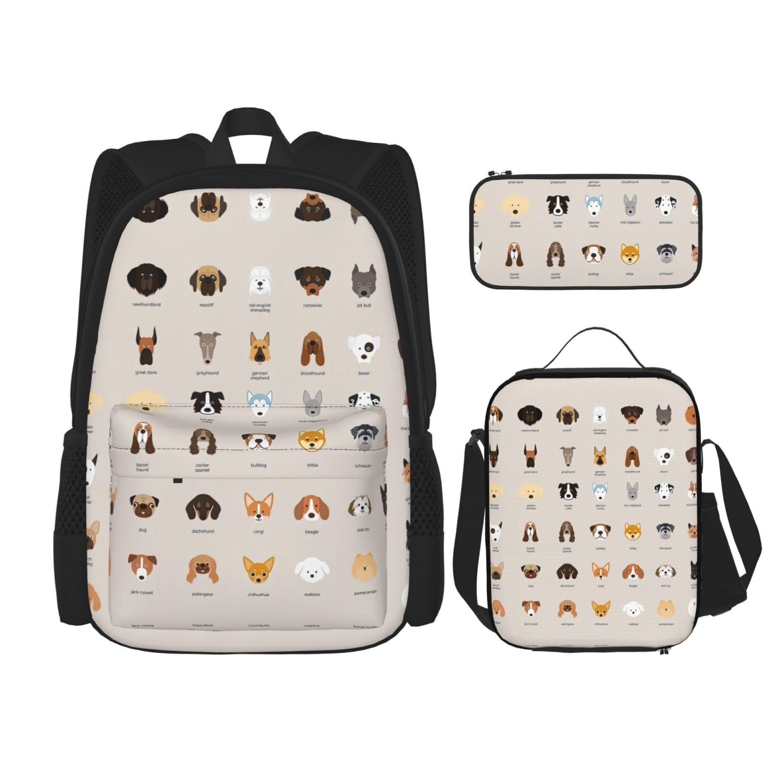 WURTON 3-in-1-Büchertaschen-Set, verstellbarer Schulter-Rucksack, Lunch-Tasche, Federmäppchen, Etui, Schwarz, Einheitsgröße