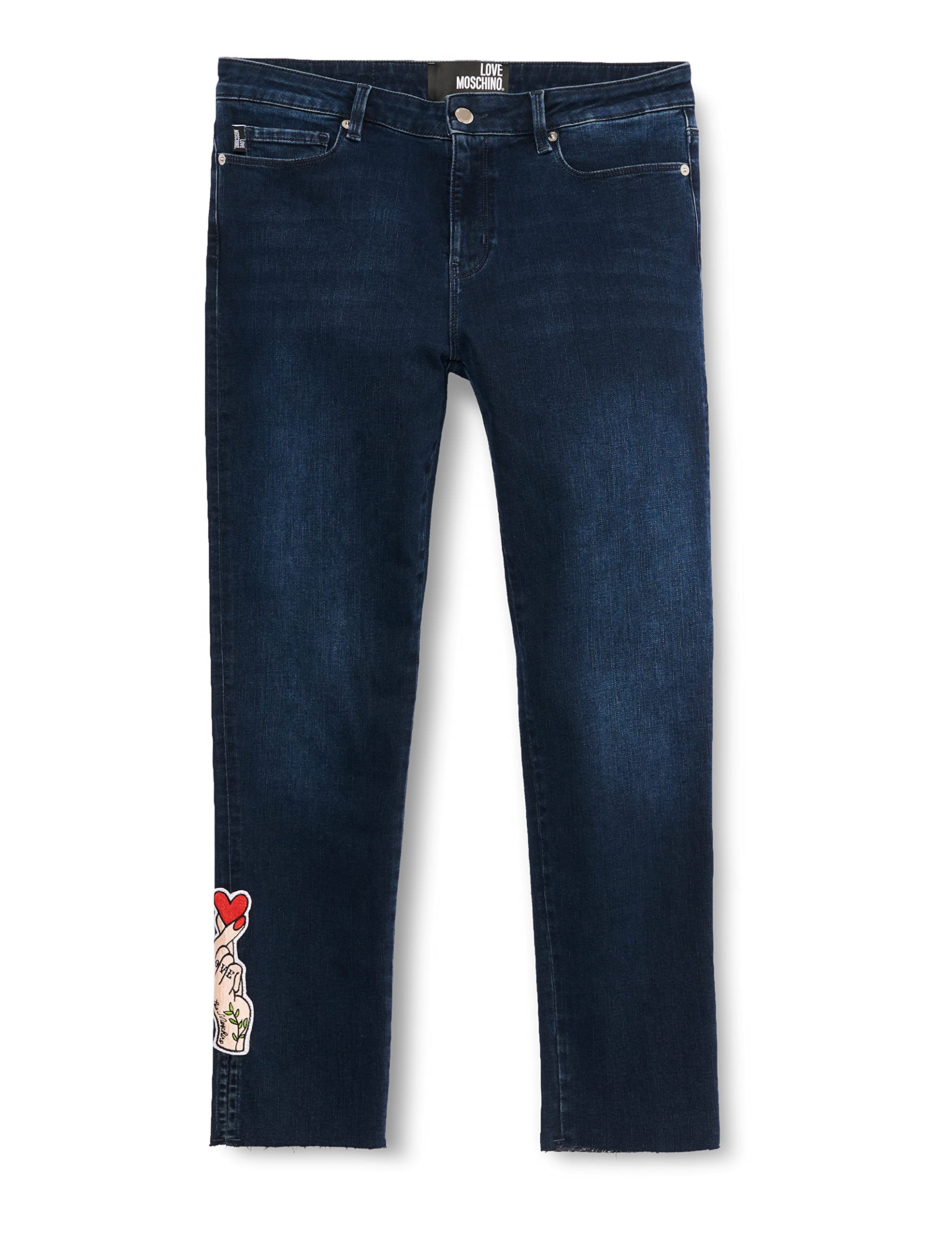 Moschino Damen Cropped Triblend Denim Personalised With Llogo Embroidered Hand Patch At The Hem Casual Pants, Blue Denim, 28 EU