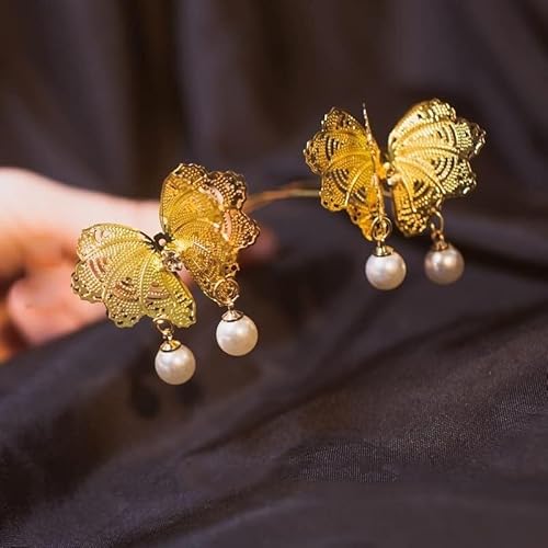 Haargabel, Braut-Haarnadeln, Hanfu-Haarstäbchen, chinesischer Hanfu-Kopfschmuck, Schmetterlingsperle, lange Quasten, Haarstäbchen, Tang-Stil-Haarnadeln for Frauen, Ornament, Champagner-Kopfschmuck (Fa