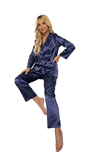 FOREX Lingerie eleganter Satin-Pyjama Schlafanzug Hausanzug im klassischen Still (S, Blau)