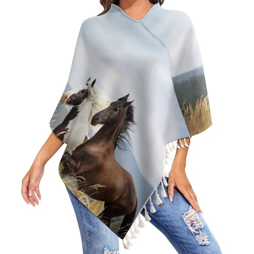 HABXNJF Damen Casual Poncho Top Pferd Schal für Frauen Wrap Schal mit Quasten für Herbst Winter, Weißes Pferd, One size