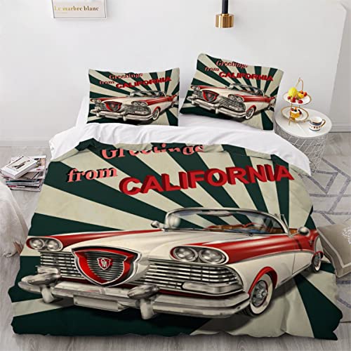 Oldtimer Bettwäsche Set Kinder Jungen Teens 135x200cm 3D Retro-Streifen Bettbezug Mikrofaser Weicher Mädchen Betten Set Mit Reißverschluss Raumdekor 3 Teilig mit 2 Kissenbezügen