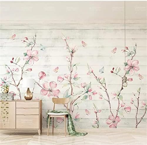 XLMING Aquarell Kirschblüte Holzmaserung Schmetterling Tv Küche Esszimmer Arbeitszimmer Wohnzimmer TV Hintergrund Wand 3D Tapete-350cm×256cm