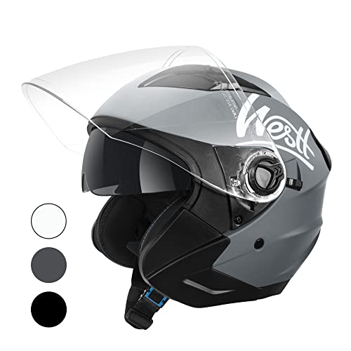 WESTT Jet Motorrad Helm I Motorradhelm grau I Rollerhelm mit Doppelvisier I Jethelm Herren & Damen I atmungsaktiver Mopedhelm I stoßfester Motorradhelm I ECE Zertifiziert I Größe S