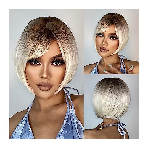 Perücken Kurze Bob-Synthetik-Perücke, Platinblond, Ombre, gerade Perücken mit Pony, for schwarze Frauen, Afro, hitzebeständig, Cosplay, Alltagshaar Damenperücke