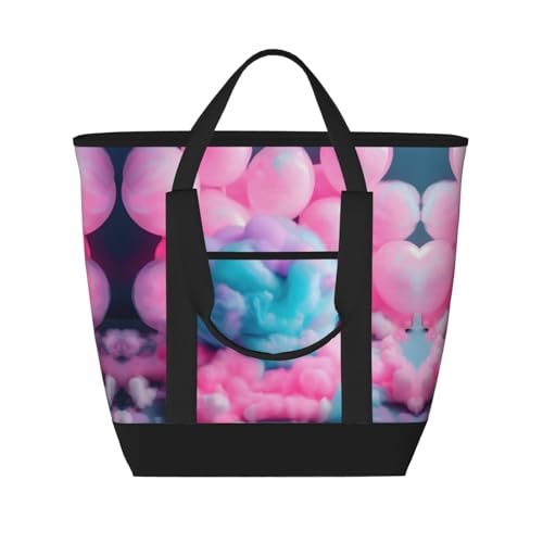 YQxwJL Pinks isolierte Kühltasche mit Baumwollbonbon-Aufdruck, großes Fassungsvermögen, Einkaufstasche, Reisetasche, Strand, wiederverwendbare Einkaufstasche für Erwachsene, Schwarz, Einheitsgröße