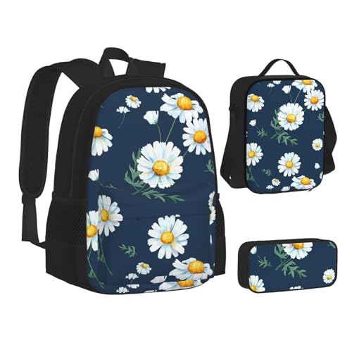 WURTON Lunchbox-Set mit Gänseblümchen-Aufdruck, 3-in-1-Büchertasche und Federmäppchen, passende Kombination