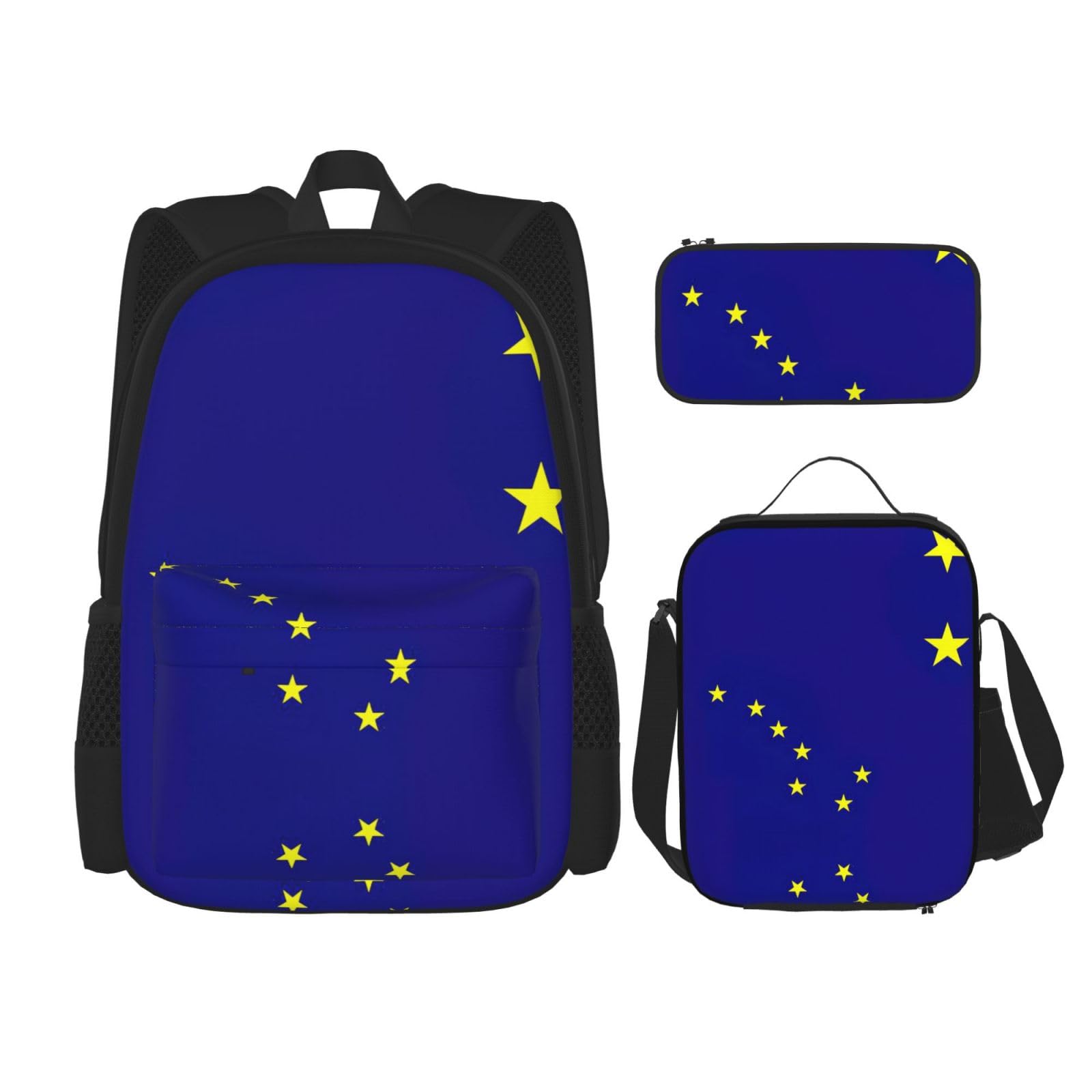 WURTON 3-in-1 Büchertaschen-Set, verstellbarer Schulter-Rucksack, Lunch-Tasche, Federmäppchen, Tasche, Flagge des Bundesstaates Alaska, Einheitsgröße