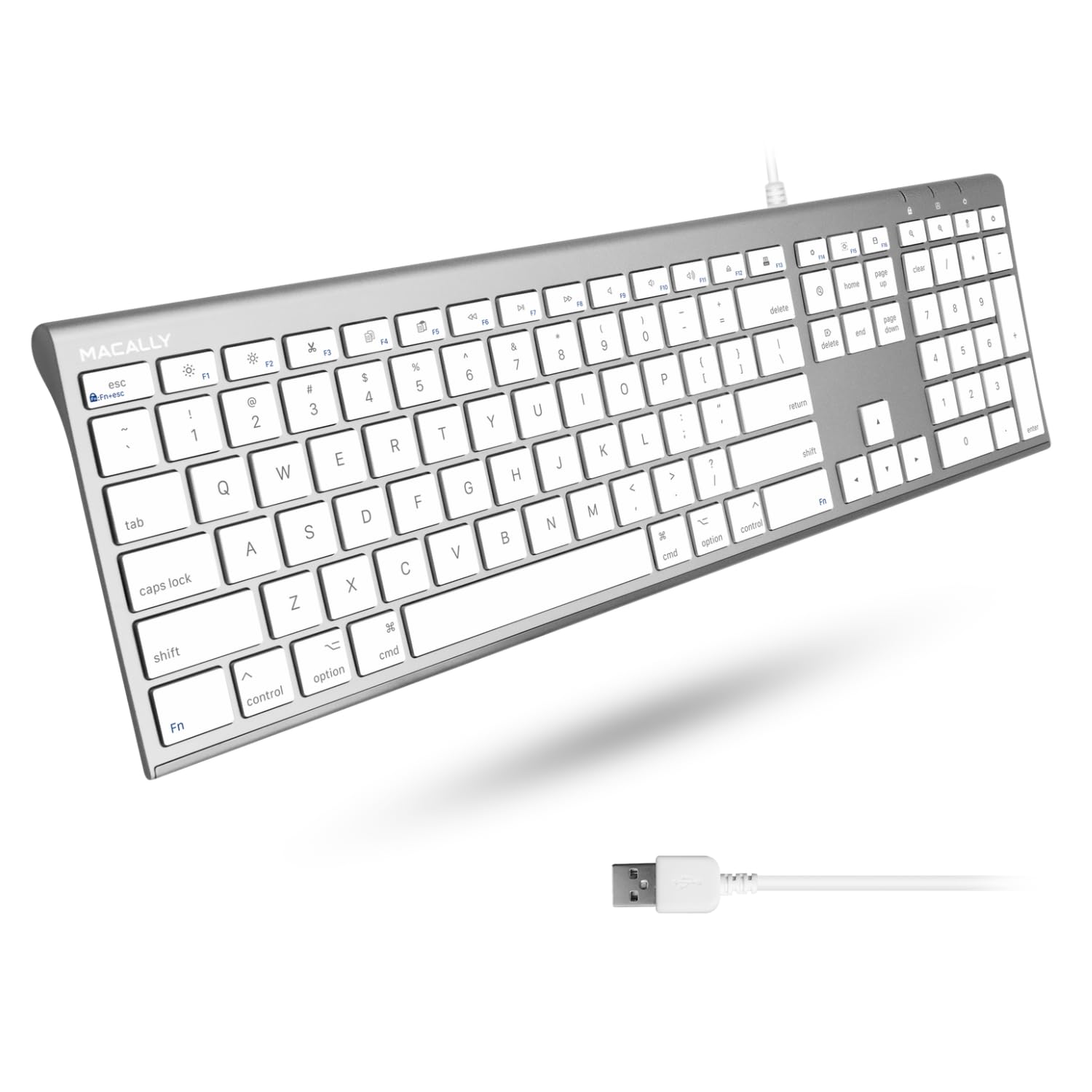 Macally Ultradünne USB-Tastatur mit Kabel, kompatibel mit Apple-Tastatur oder Windows – Tastatur in voller Größe mit 20 Mac-Tastatur-Tasten – Low-Profile-Tastatur für iMac Desktop, MacBook Pro/Air