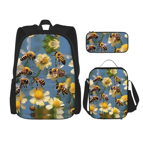 WURTON Honigbienen Blumen Druck Reise Lunchbox Federmäppchen Rucksack Set 3 Stück Verstellbare Träger Leicht, Schwarz, Einheitsgröße, Schwarz, One Size