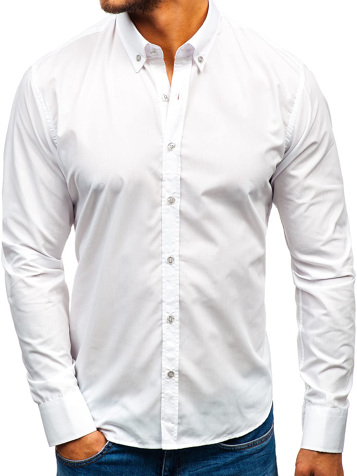 BOLF Herren Hemd Langarm Freizeithemd Langarmhemd Elegant Business Party Bügelleicht Farbwahl Classic Basic Slim Fit Casual Style 5821-1 Weiss L [2B2]