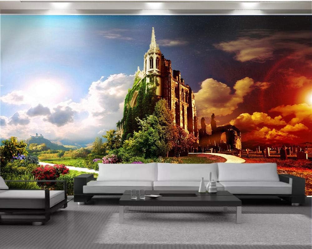 Schloss Sonnenuntergang Himmel Blume 3D Tapete Poster Restaurant Schlafzimmer Wohnzimmer Sofa TV Dekorative Wand-430cm×300cm