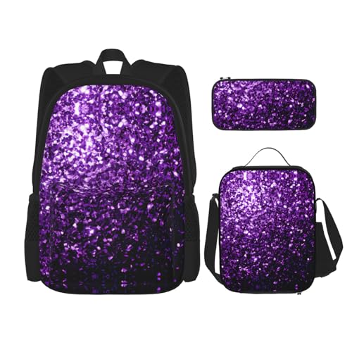 WURTON Schönes lila Glitzer-Druck-Rucksack-Set, Schul-Büchertasche mit Lunchtasche, Federmäppchen, Kombinations-Schultaschen-Set