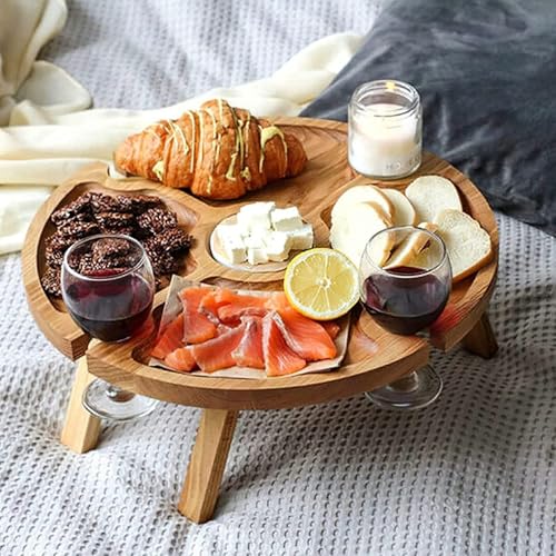 Wein-Picknicktisch für den Außenbereich, zusammenklappbarer tragbarer Weingläser- und Flaschentisch aus Holz, Snack- und Käsehalter für den Strand, Weinliebhaber