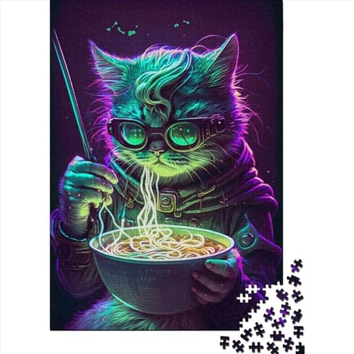 1000-teiliges Puzzle für Erwachsene und Teenager, Katze isst Nudeln, Holzpuzzle ohne Puzzle, Puzzle für Erwachsene und Teenager, nachhaltiges Puzzle für Erwachsene | Spiele 75 x 50 cm