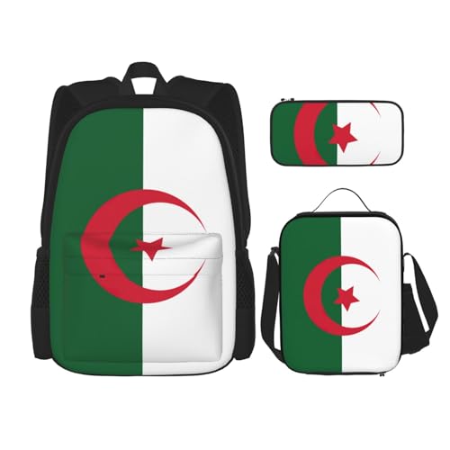 WURTON Schulterrucksack, Motiv: Flagge von Algerien, 3-in-1, Büchertasche, Lunchbox, Federmäppchen, Reise-Laptop, Tagesrucksäcke, Schwarz , Einheitsgröße