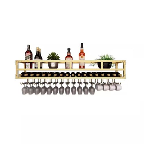 Hängende industrielle runde Weinregale, LED-Weinregal zur Wandmontage, moderner hängender Weinflaschen- und Glashalter aus Metall for die Dekoration von Zuhause, Küche, Bar und Restaurant(Gold,60x25x2