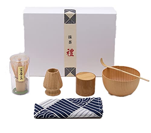 ANCLLO 5-teiliges japanisches Matcha-Teeset, Schneebesen, Schale, Halter, Bambuslöffel, Bambus-Matcha-Dosen für traditionelle japanische Teezeremonie