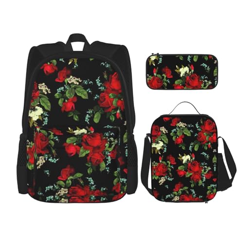 WURTON Schöner Rucksack mit Rosen-Motiv, 3-in-1-Büchertaschen-Set, Lunchbox, Federmäppchen, Reise-Laptop-Tagesrucksäcke