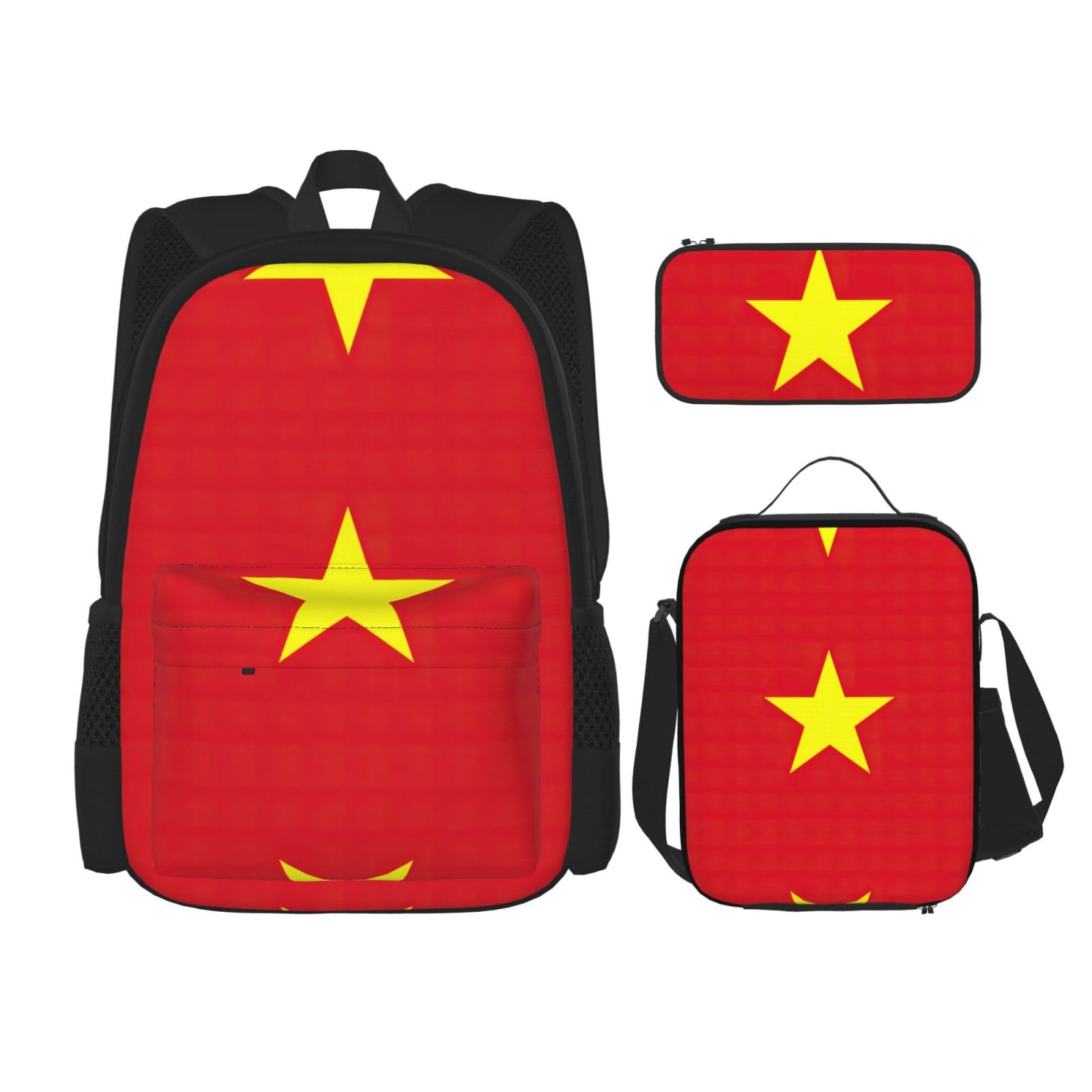 WURTON 3-in-1-Set mit vietnamesischer Flagge, lässiger verstellbarer Schulter-Rucksack, Lunch-Tasche, Federmäppchen, Beutel, Schwarz, Einheitsgröße