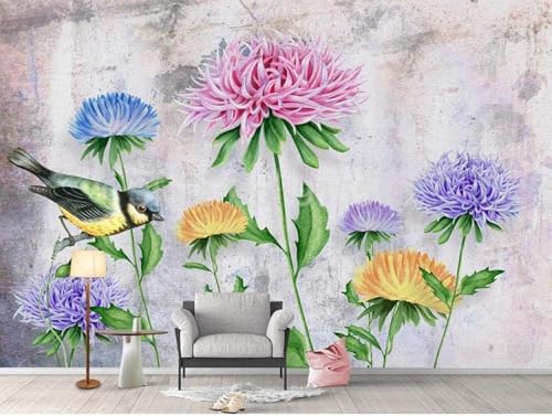 Rosa Blumen Blaue Blumen Vögel 3D Tapete Poster Restaurant Schlafzimmer Wohnzimmer Sofa TV Dekorative Wand-430cm×300cm