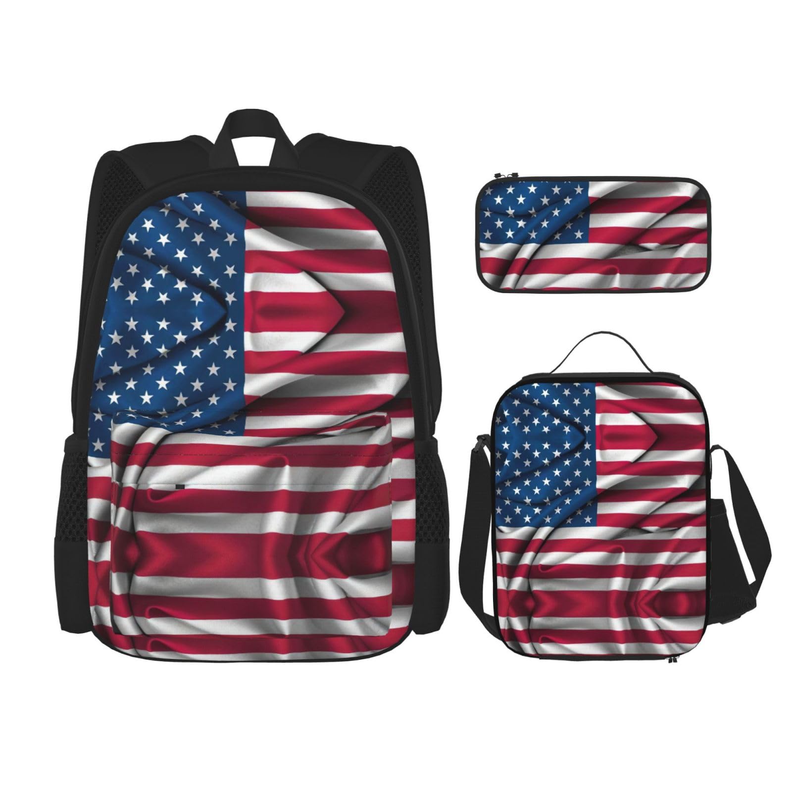 WURTON Rucksack mit amerikanischer Flagge 2, für Mädchen, Jungen, Schultaschen, Teenager, Lunchbox und Federmäppchen, 3-in-1-Büchertaschen-Set, Schwarz , Einheitsgröße