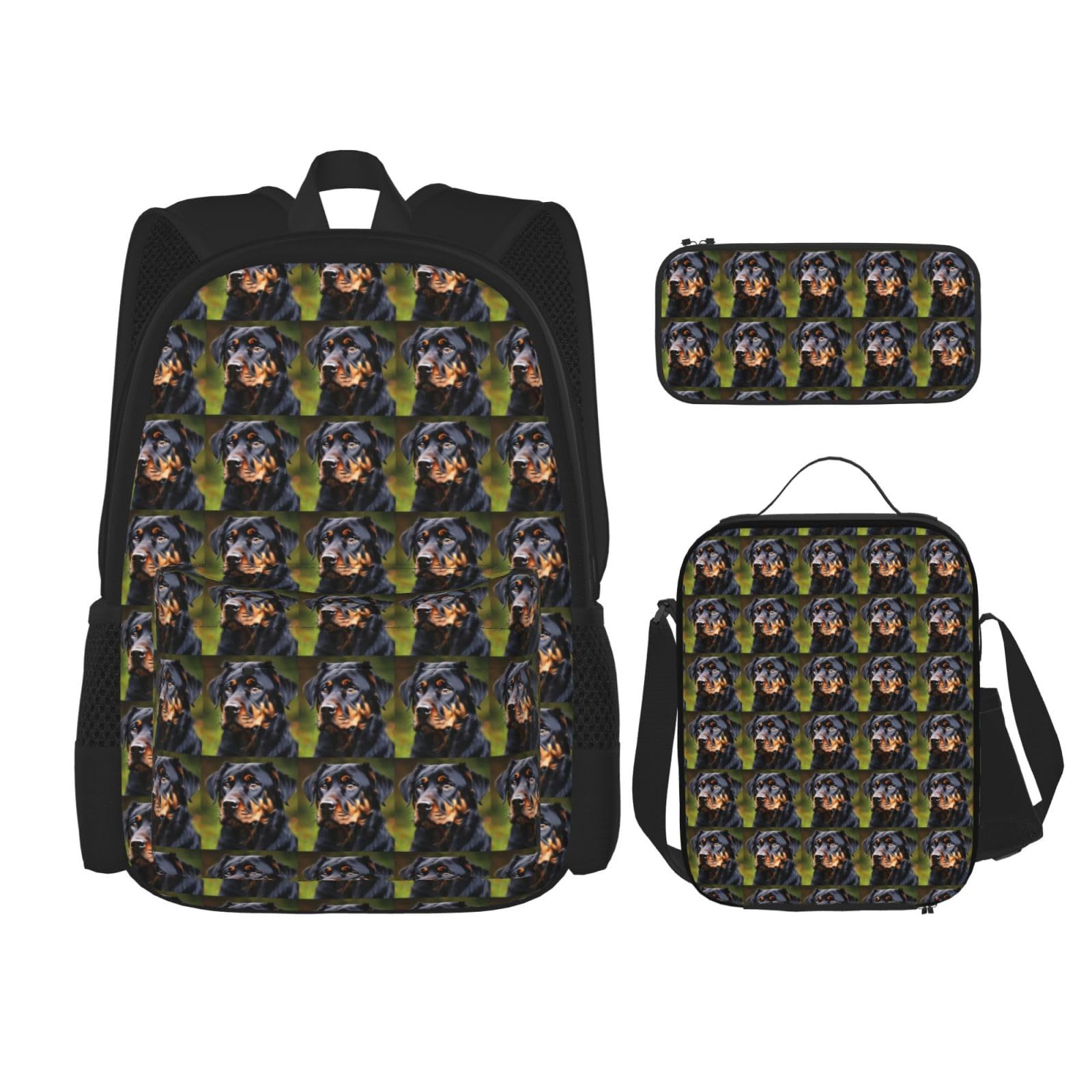 WURTON Rottweiler Pattern Print Lunchbox Federmäppchen Rucksack Set 3 Stück Verstellbare Träger Langlebig Leicht, Schwarz, One Size