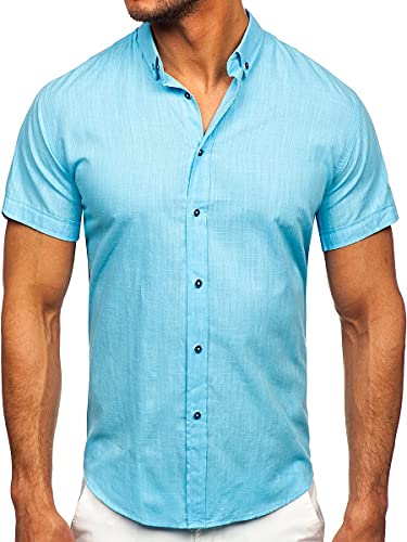 BOLF Herren Kurzarmhemd Sommerhemd Freizeithemd Strandhemd Urlaub Hemd aus 100% Baumwolle Atmungsaktiv Stoff Dünnes Hemd für Sommer Slim Fit Button Down Casual Style 20501 Türkis S [2B2]