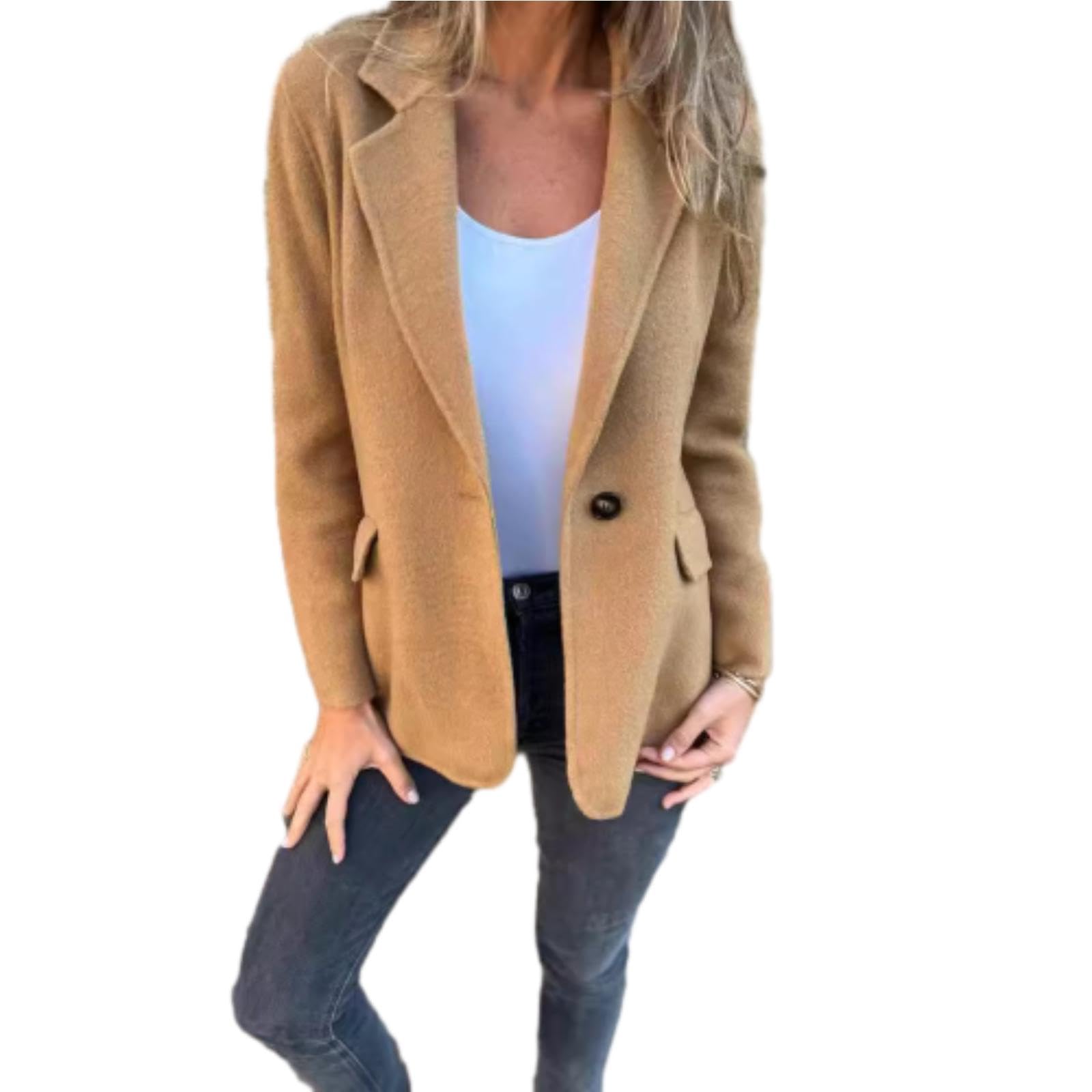 WINDEHAO Damen Revers Langarm Freizeitjacke 2024 Herbst Casual Tweed Jacken für Frauen Revers Knopf Falsche Tasche Blazer (Kamel, 4XL)