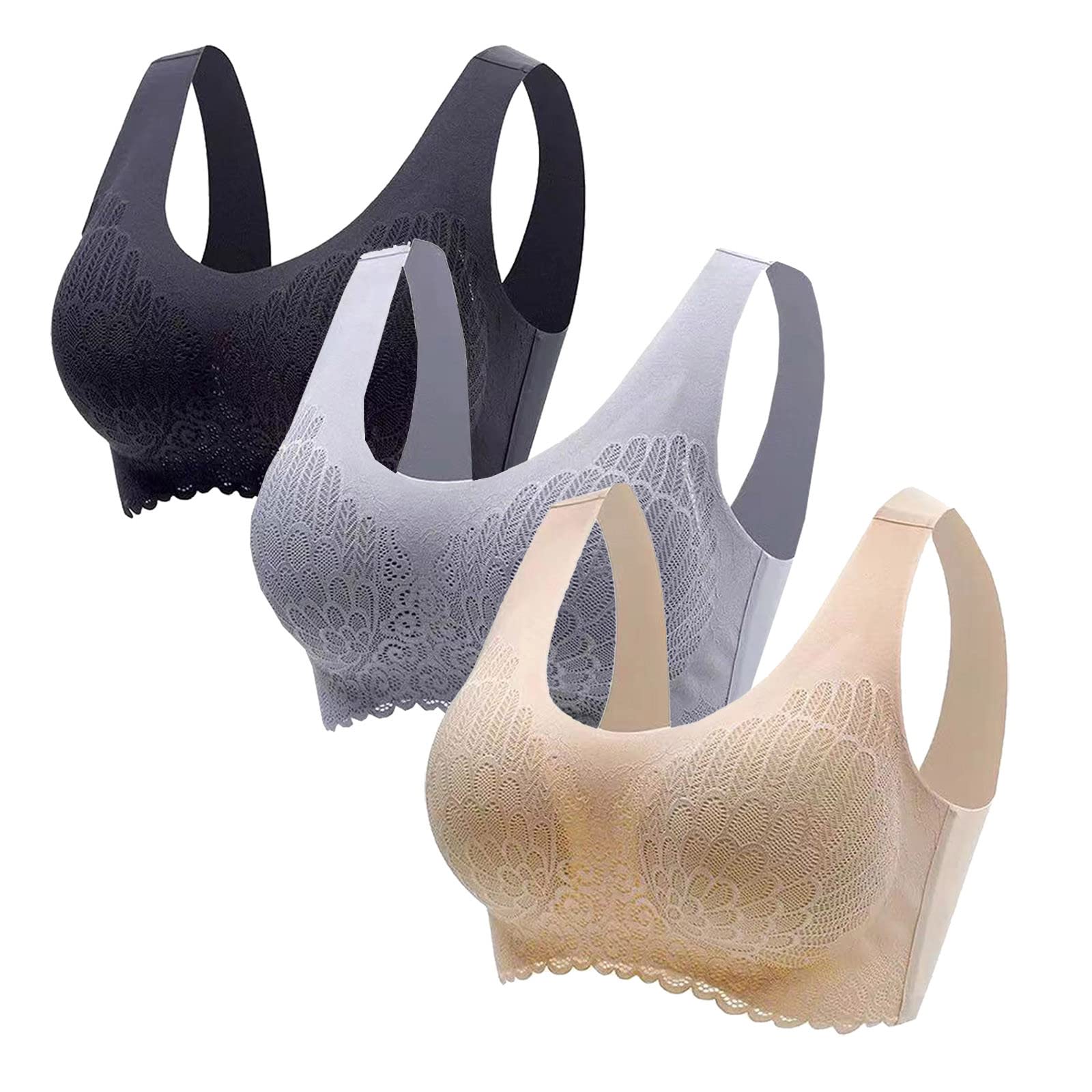 3er Pack Push Up BH mit Einlagen Seamless BH aus Eisseide Spitzentop Damen Sport BH Damen Top mit Integriertem BH Rückenfreier Bustiers Lift Up BH Crop Top Y2K Mehrfarbig XL