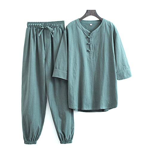 ZHOUXIAO Frauen Zen Meditation Uniform Baumwolle Leinen Tai Chi Uniform Kurzarm Chinesische Traditionelle Kleidung Tops Hosen Kung Fu Kleidung Hemd Mantel Kampfkunstanzug Green-XL