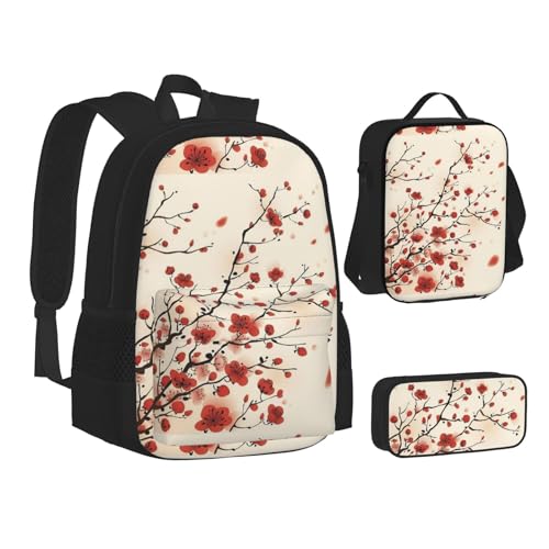 WURTON Japanische Federtasche, Federtasche, Federmäppchen, 3-in-1, Schulrucksäcke, Kinderrucksack, Blumendruck, Pflaume