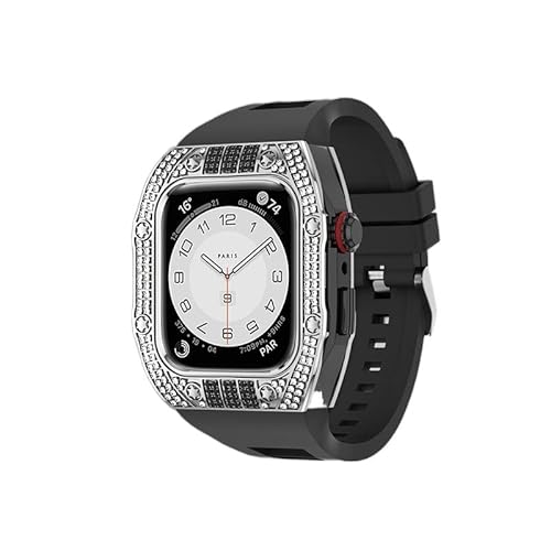 KANUZ Luxuriöses Diamantgehäuse-Modifikationsset für iWatch 8, 7, 6, SE, 5, 4, Gummiband, 44 mm, 45 mm, für Apple Watch, Metallbeze-Uhrenarmband (Farbe: Diamond-Black-BSB, Größe: 44 mm)