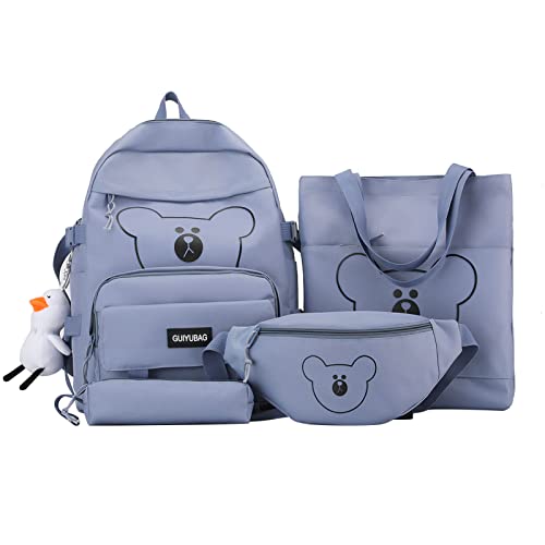 HDKEAN Rucksack, niedlicher Bären-Rucksack mit Hüfttasche, Handtasche, Federmäppchen, Büchertaschen, Schule, für Teenager, Studenten, Reisen, 4 Stück, blau, As shown in the picture