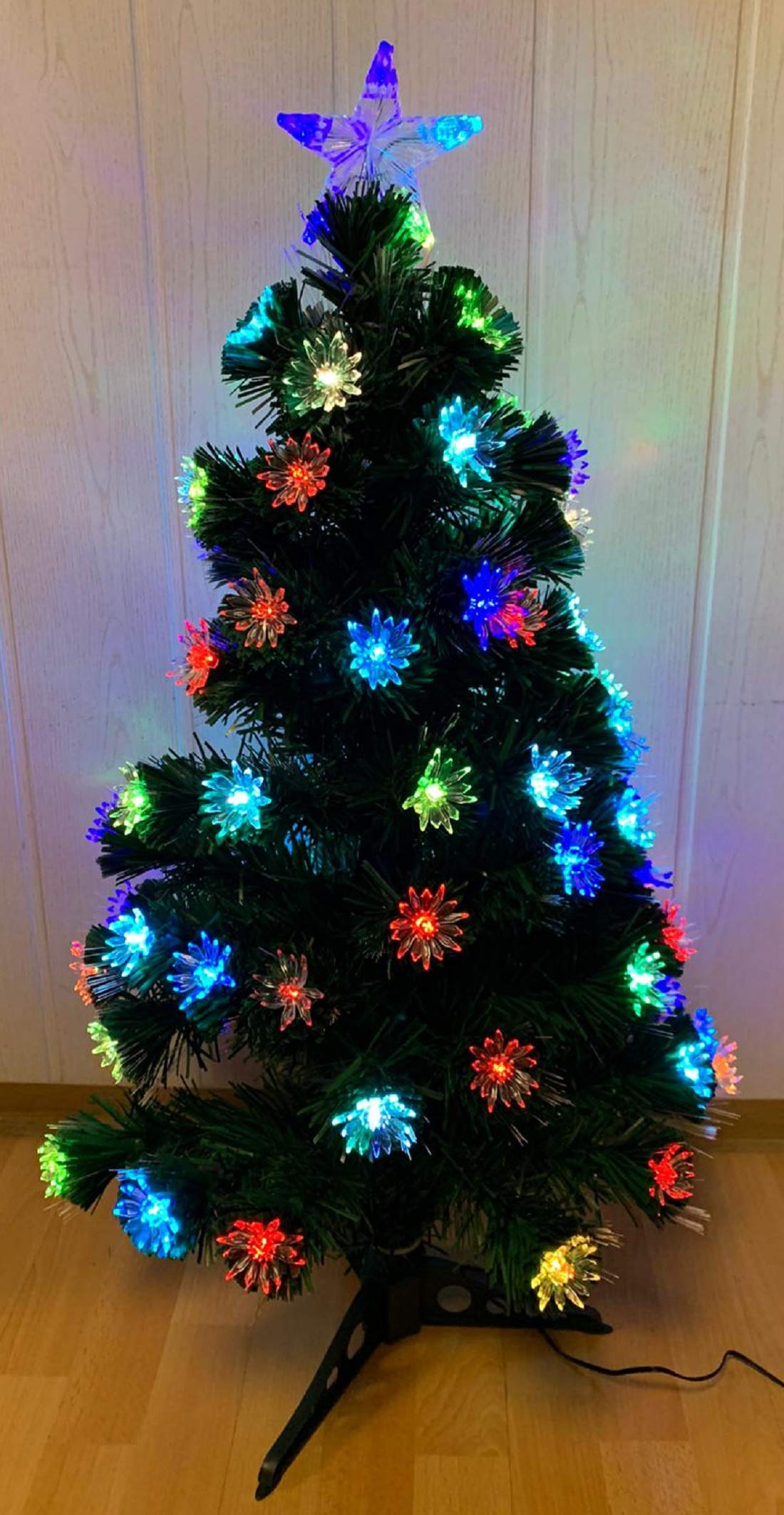 90cm Mini Weihnachtsbaum mit LED Beleuchtung - Künstlicher Kleiner Tannenbaum mit 3-Bein Ständer X Mas Weihnachten - Stern als Baumspitze für Zuhause, Schule, Arbeit und Büro (Grün, Blumen 90cm)