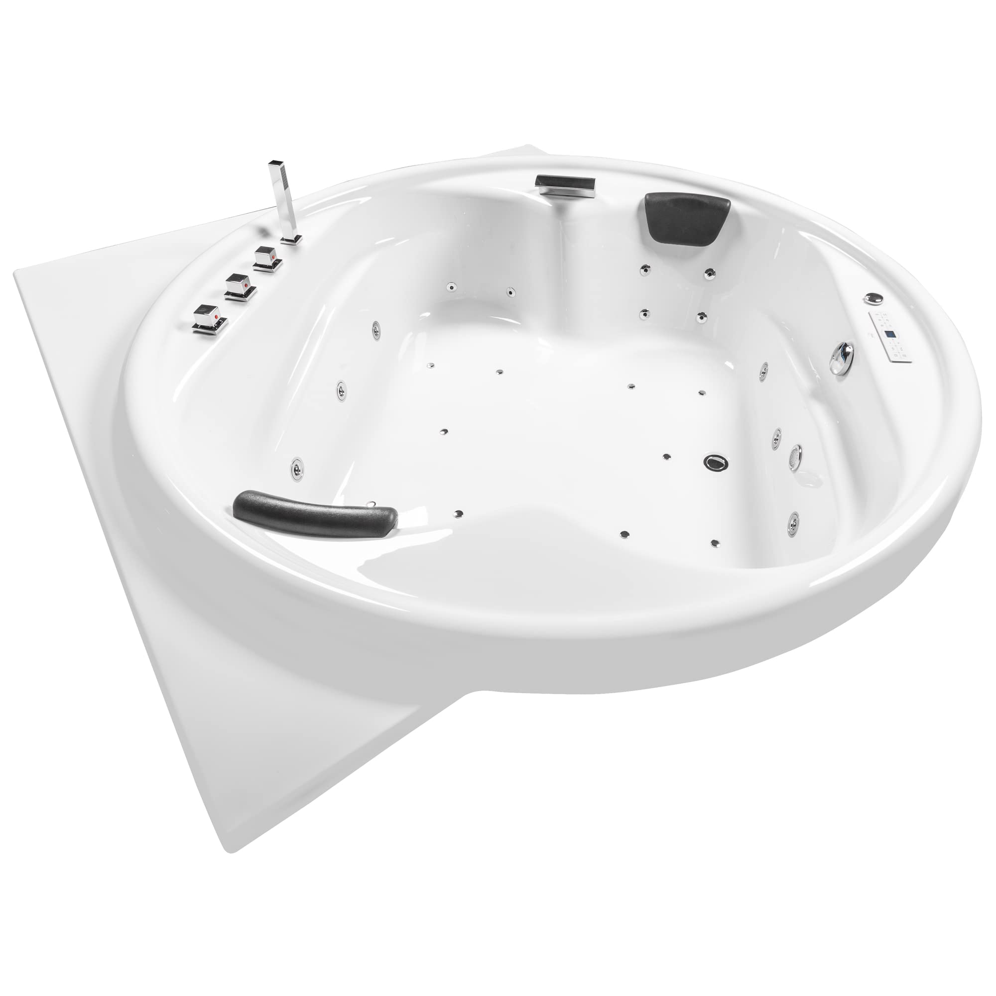 Basera® Classic Indoor Podest-Whirlpool Badewanne XXL Gomera, 28 Massagedüsen, Wasserfall, LED-Ambiente, Touchpanel, Bluetooth und Radio (Gomera mit Ecke)