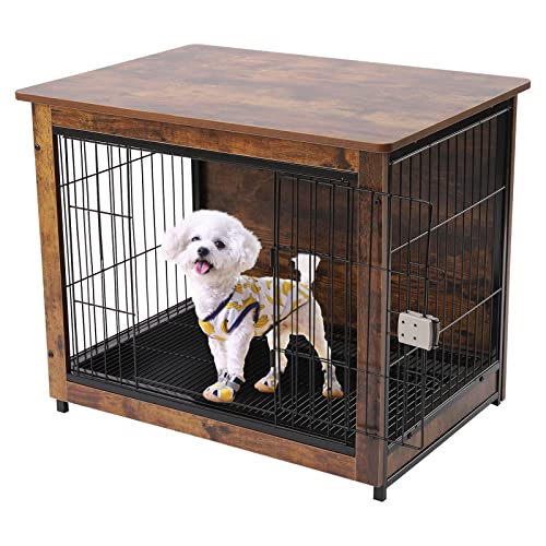 banborba Hundekäfig Holz, Haustierkäfig, Hundebox im Möbelstil mit Tischplatte, Moderne Hundehütte Indoor für Hunde bis zu 66 kg, Vintage Hundehaus für Zuhause, 80x55x65cm