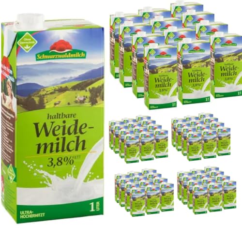 Schwarzwaldmilch Milch fettarme H-Milch, 3,8% Fett Haltbare Milch, Weidemilch, je 1 Liter, 60 Stück+ pufai