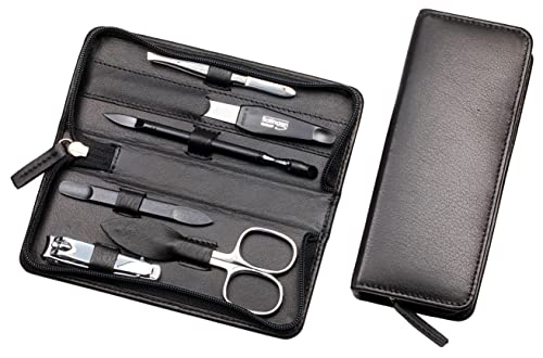 Hans Kniebes Manicure Etuis Taschenmanicure Manicure-Etui mit Reißverschluss Nappa Vollrinderleder 6-teilig schwarz, vernickelt, 9-teilig 1 Stk.