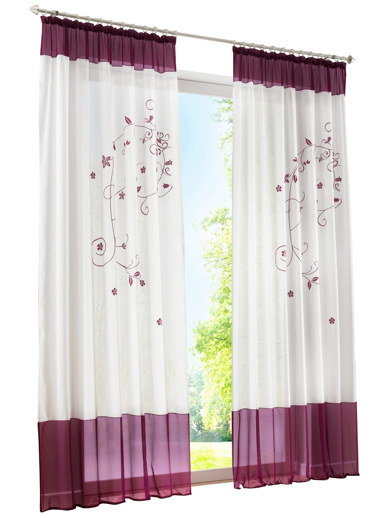 LiYa 1 Stück Gardine mit Blumen Stickerei Design Vorhang Transparent Voile Vorhänge (BxH 140x245cm, Beere mit Kräuselband)