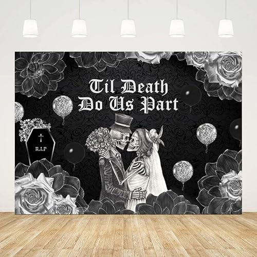 Till Death Do Us Part Hochzeitsfeier Dekoration Skelett Gothic Brautparty Hintergrund Halloween Totenkopf dunkle Blume Hintergrund 300x200cm