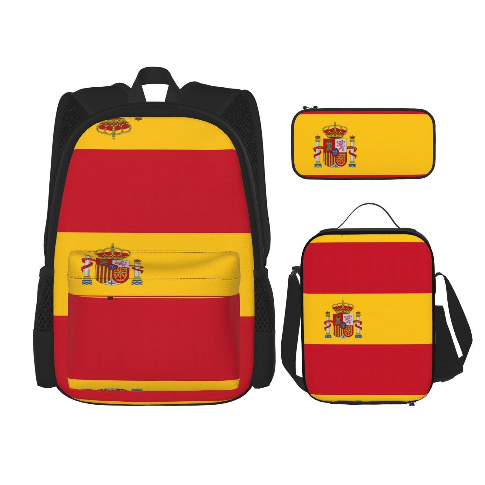 WURTON Rucksack-Set mit spanischer Flagge, verstellbare Schultergurte, Lunch-Tasche, Federmäppchen, Kombinationstaschen-Set