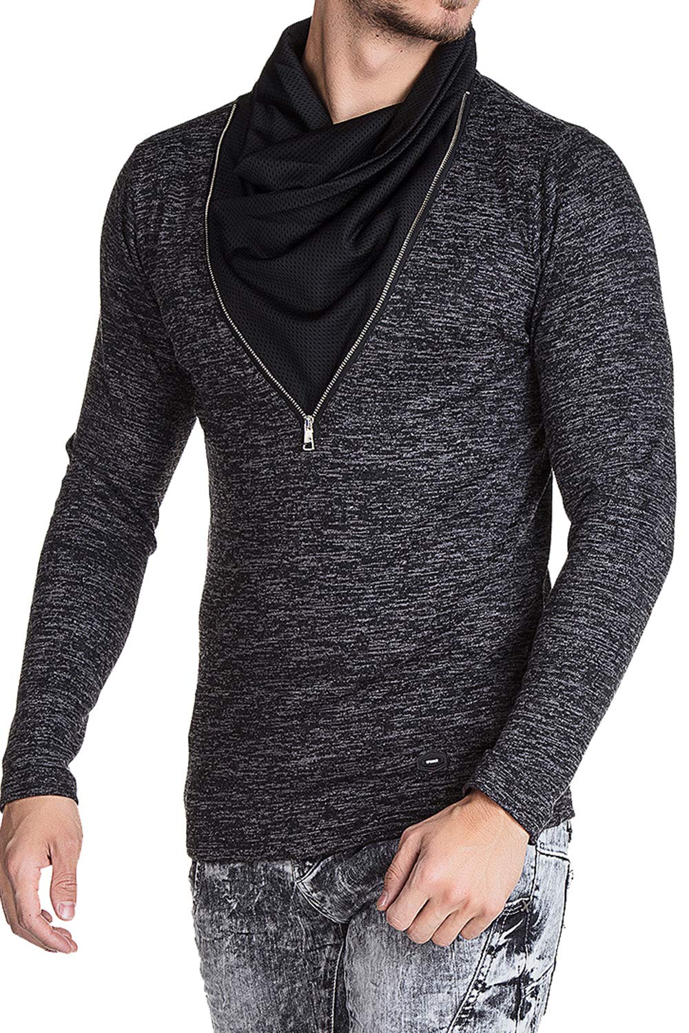 Cipo & Baxx Herren Sweatshirt Langarmpullover Sweater Schalkragen Zipper Longsleeve Schwarz M