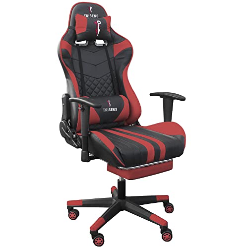 Trisens Gaming Stuhl im Racing Design in Lederoptik Bürostuhl mit flexiblen Armlehnen ergonomischer Schreibtischstuhl, Nackenkissen und Fußstütze, Farbe:Schwarz/Rot