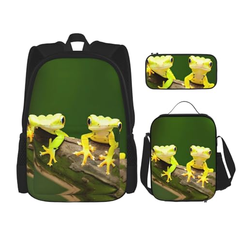 WURTON Zwei Geckos Print Lunchbox Federmäppchen Rucksack Set 3 Stück Verstellbare Träger Langlebig Leicht, Schwarz, One Size