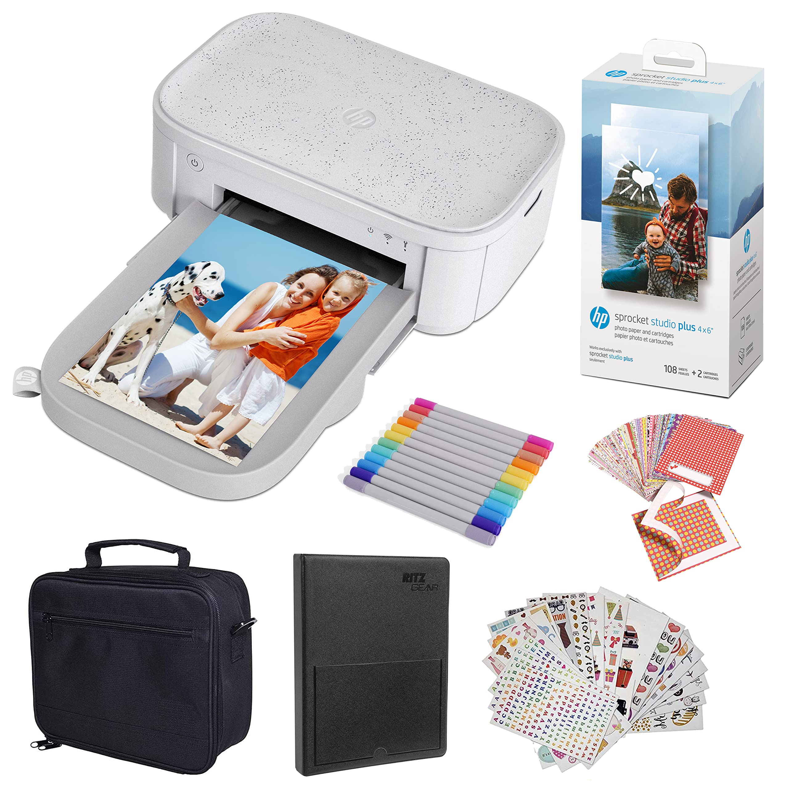 HP Sprocket Studio Plus Sofortbilddrucker, 10,2 x 15,2 cm, Paket mit Drucker, Fotoalbum, Marker, Fotopapier und Aufkleber