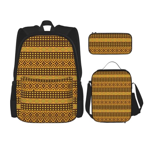 WURTON Rucksack mit gelben und braunen Dreiecken bedruckt, für Mädchen und Jungen, Schultaschen, Teenager, Lunchbox und Federmäppchen, 3-in-1-Büchertaschen-Set